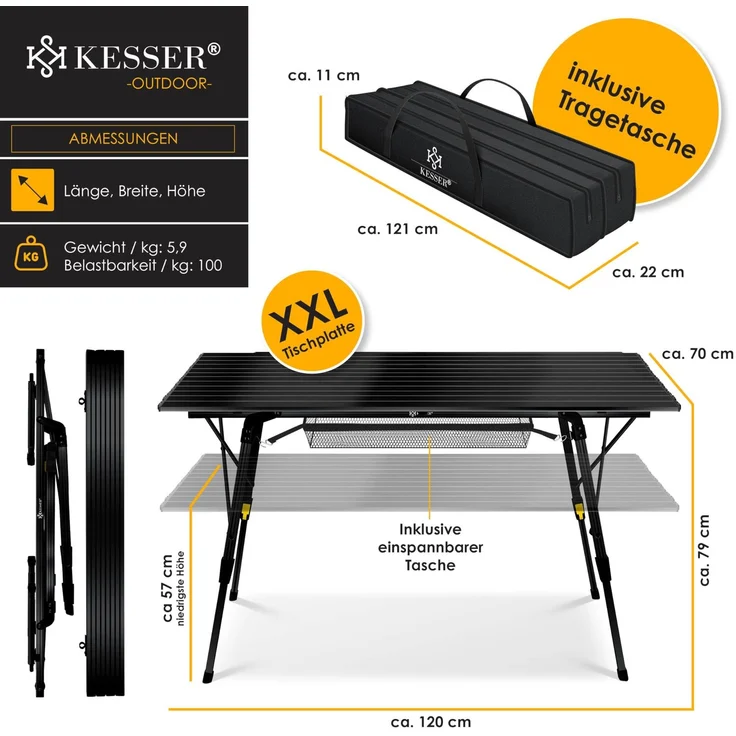 KESSER® Campingtisch faltbar Klapptisch mit Aluminiumrahmen Aufrollbare Tischplatte Falttisch klappbar höhenverstellbar inkl. Tragetasche mit Trageband & Netztasche Schwarz (120 x 70cm) – Bild 7