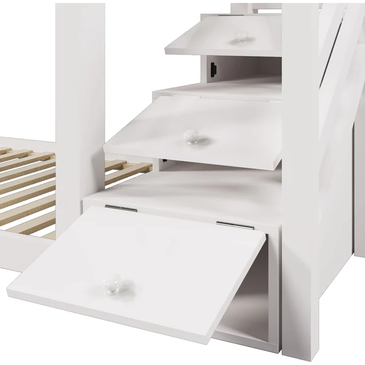 Etagenbett 90x200 cm mit Treppe und Stauraum, Sterne & Monde Design, Hausrahmen, Kiefer-Massivholz, Weiß, Kinderbett – Bild 9