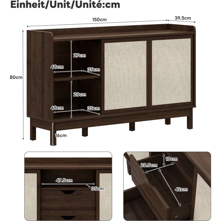 DESVIAE Sideboard mit Schiebetüren und 2 Schubladen 150x80x39,5 cm Spanplatte Natur – Bild 10