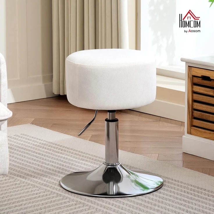 HOMCOM Barhocker mit Metallgestell, Cordoptik, Fußstütze (höhenverstellbar Küchenstuhl, 1 St, gepolstert 360° drehbar Barstuhl), für Küche, Wohnzimmer, Esszimmer Weiß – Bild 2