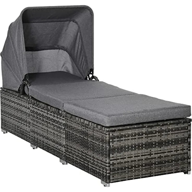 Outsunny Gartenliege Gartenmöbel Liege mit Kissen, Gartenliege, 1 St, Verstellbar Rattanliege, Grau 195 x 65 x 40 cm