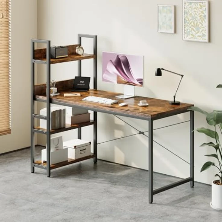 Sweetcrispy Schreibtisch mit Seitlichem Regal & Verstellbaren Füßen, 120 cm breiter Bürotisch, Starker Computertisch mit Ablagefläche, Einfacher Montage, vintagebraun – Bild 3