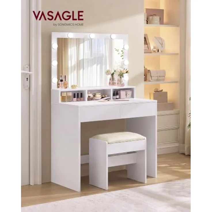 VASAGLE Schminktisch mit Beleuchtung und Hocker Set, Weiß | Moderner Kosmetiktisch mit Spiegel und LED, 2 Schubladen, Organizer für Schlafzimmer, KAILYN Kollektion – Bild 2