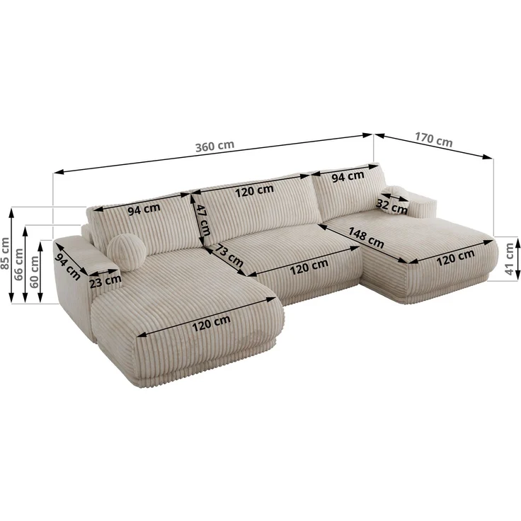 XXL Wohnlandschaft RINA U-Form 360 cm breit, Sofa mit Schlaffunktion & DL-Mechanismus, Wellenfederung, modern freistehend - Beige Cord – Bild 7