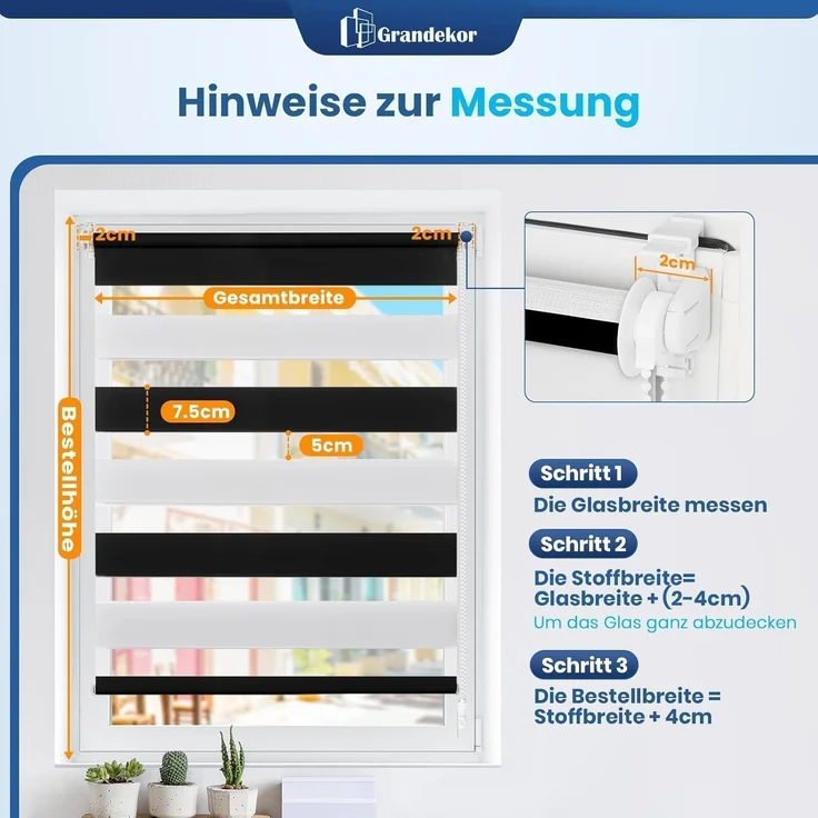 Grandekor Doppelrollo Klemmfix ohne Bohren Schwarz-Weiß 65x150 cm(Stoffbreite 61cm) Fenster Rollos für innen Klemmrollos Duo Rollos für Fenster ohne Bohren mit Bohren Privatschutz Zebrarollo – Bild 7