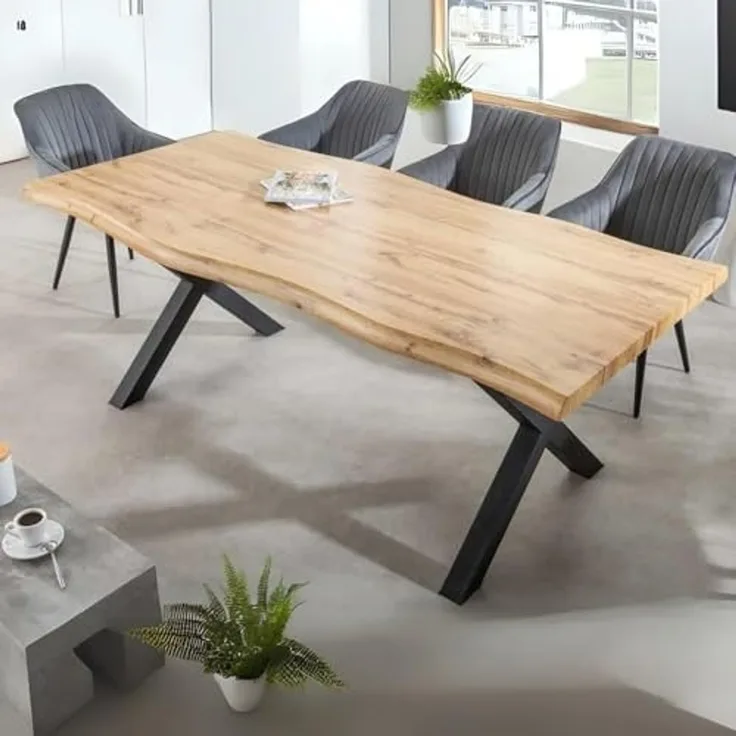 Wildeiche-Design Esstisch OAKLAND 160cm X-Metallgestell 5cm Baumkante