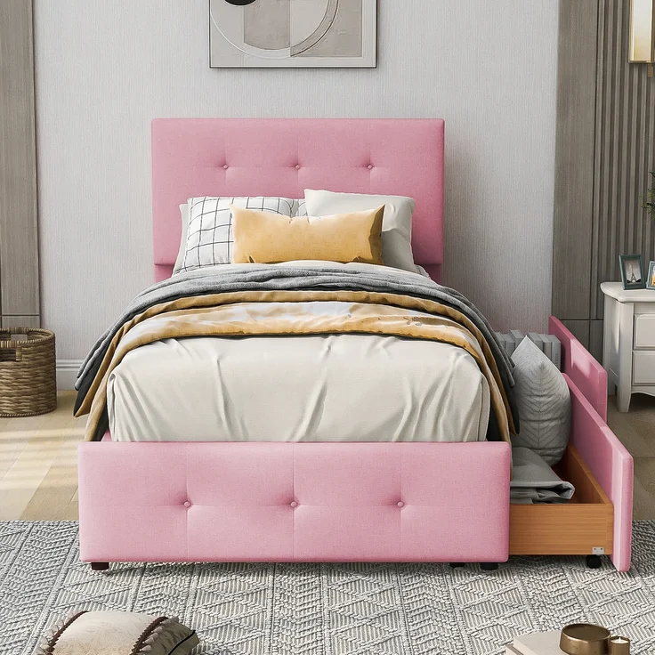 Polsterbett, 90 x 200 cm Bett mit Lattenrost, Rückenlehne und zwei Schubladen, hautfreundlicher Samtstoff, Beige flaches Einzelbett Kinderbett Jugendbett Gästebett, Samtstoff, Beige/Rosa, 90 x 200 cm – Bild 4