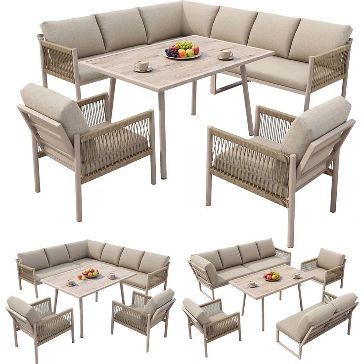 Merax Gartenlounge-Set 6 teilig für 7-8 Personen, Gartenmöbelset mit Kissen, Tisch mit Holzoptik-Glasplatte, Sofagarnitur Terassenmöbelset, Beige – Bild 10