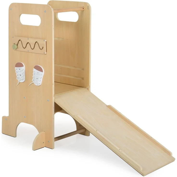 Moni Kinder Lernturm 4 in 1 Big Ben Rutsche Tafel Hochstuhl Uhranzeige Motorik braun – Bild 3