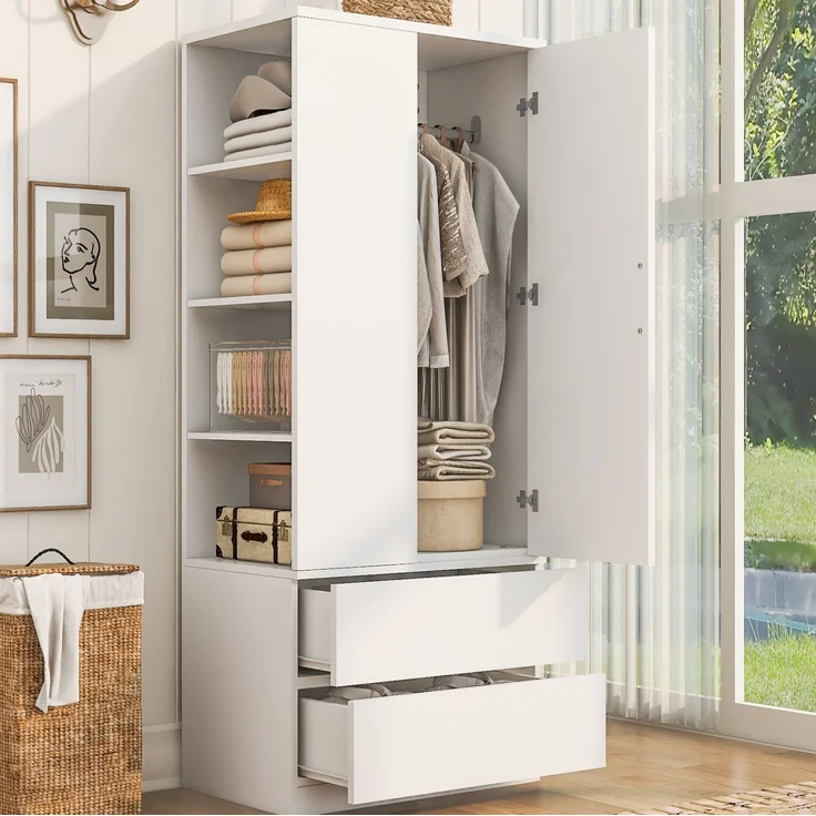 Kleiderschrank 70 x 50 x 175 cm in Weiß und Holzfarbe mit Kleiderstange und Schubladen – Bild 1