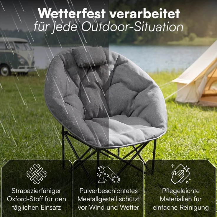 STEELSØN 'Hoggar' Moonchair faltbar, gepolsterter Campingstuhl grau, bis 150 kg, mit Kopfkissen und Tragetasche – Bild 8