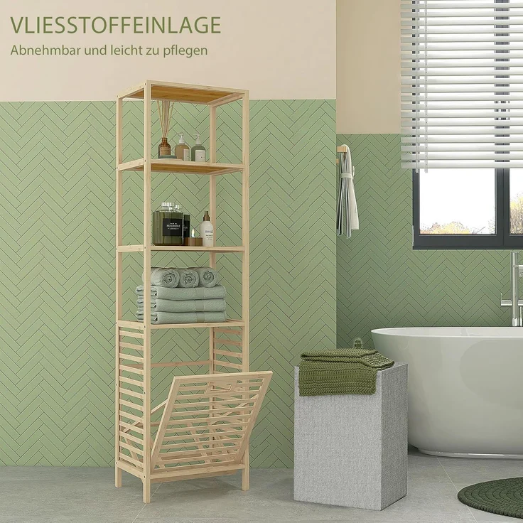 HOMCOM Badregal mit Wäschekorb, schlanker Bambus-Badezimmerschrank, Badezimmerregal 1-tlg, für Badezimmer, Naturholz – Bild 5