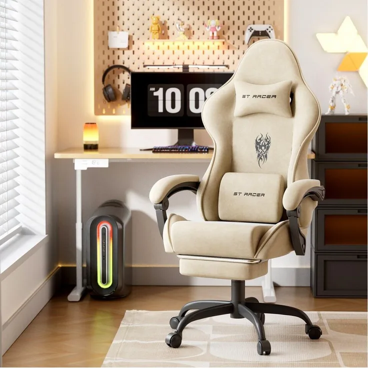 Ferghana Gaming-Stuhl Racing PC Stuhl Verstellbar mit Kopf-,Lendenkissen, Fußstütze (Rückenlehne 90°-125), Ergonomisch, atmungsaktiv Gaming Chair