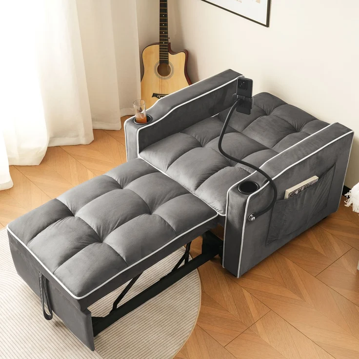 Schlafsofa mit Getränkehalter und Handyhalterung,Verstellbarer Sessel, Sofa-Liegestuhl und Gästebett in einem, Samtbezug Dunkelgrau – Bild 3