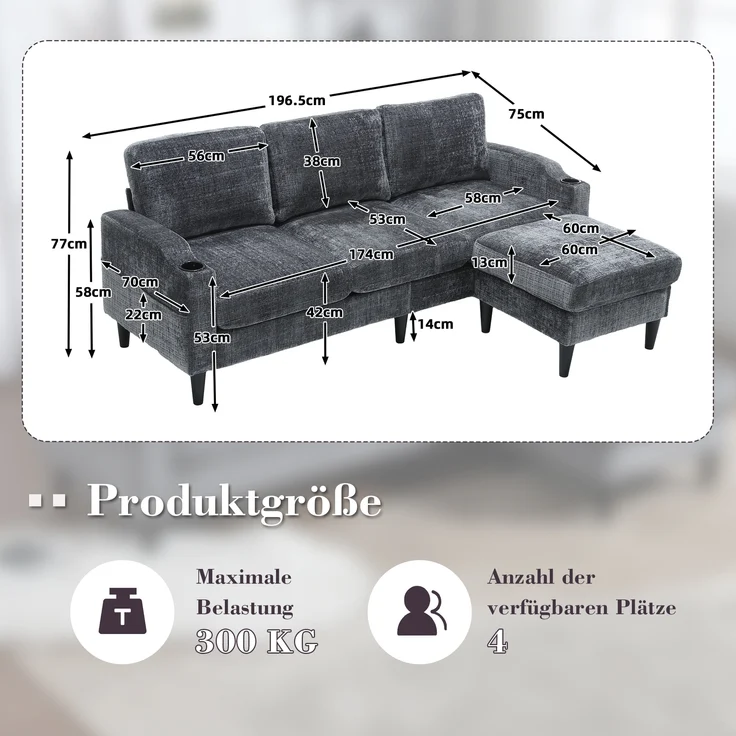 LVHOM Loungesofa mit Hocker & Stauraum, 4-Sitzer, Armlehnen, Getränkehalter, Seitentaschen, weiche Chenille-Stoff, modulare Sofa, Grau – Bild 3