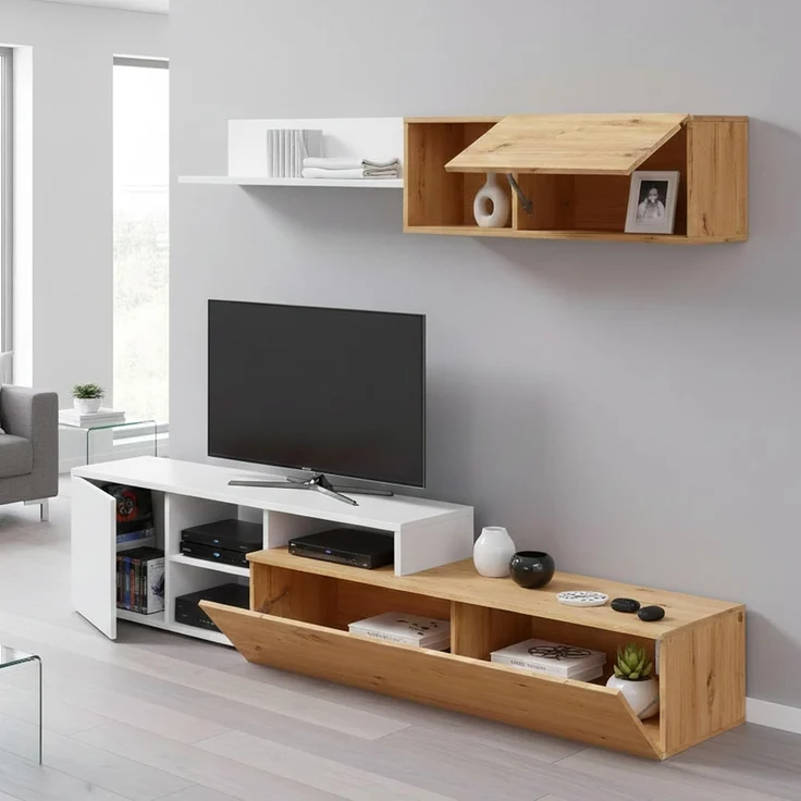 Dmora - Wohnzimmermöbel Miami, Wohnmöbel mit umkehrbarem TV-Ständer, Wohnzimmerkomposition mit Schrankwand und Regal, 220 x 40 x 44 cm, Eiche mit Asteffekt und Weiß – Bild 1