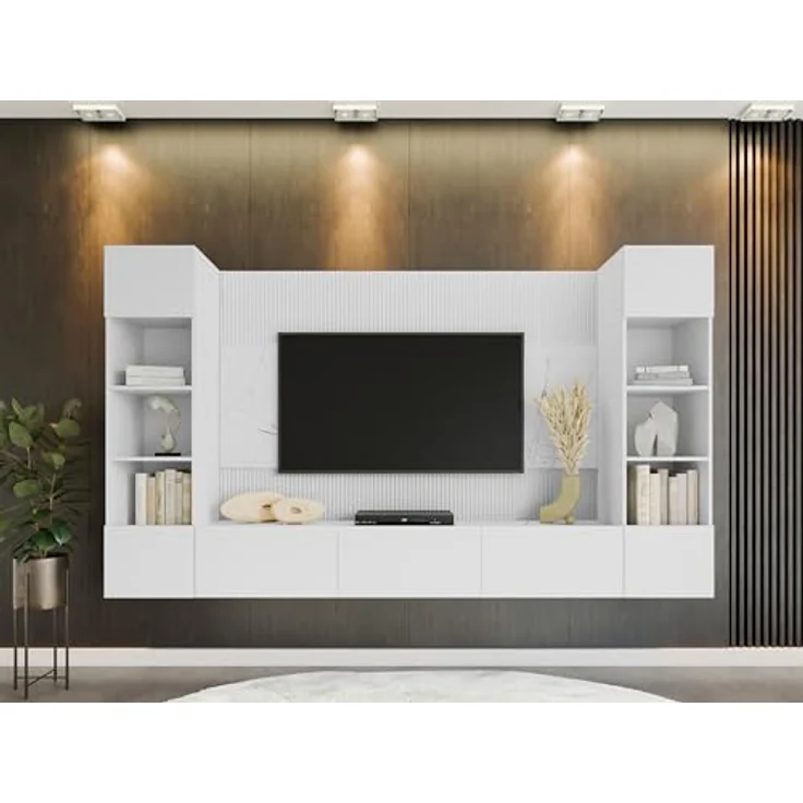 Mirjan24 Wohnwand, Weiß, Holzwerkstoff in Marmor Optik, 260x150x38 cm, griffloses Öffnungssystem, moderne Anbauwand – Bild 4