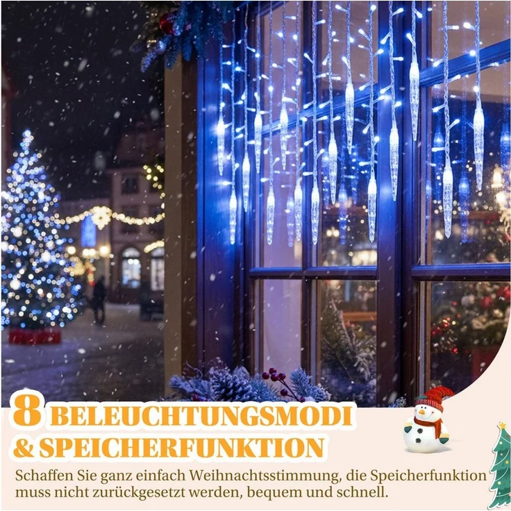 SERBASIC Lichterkette LED Eisregen Lichtervorhang, Timer, 8 Modi, Anschließbar, 31V, Lichtervorhang für Weihnachten Außen Terrasse – Bild 2