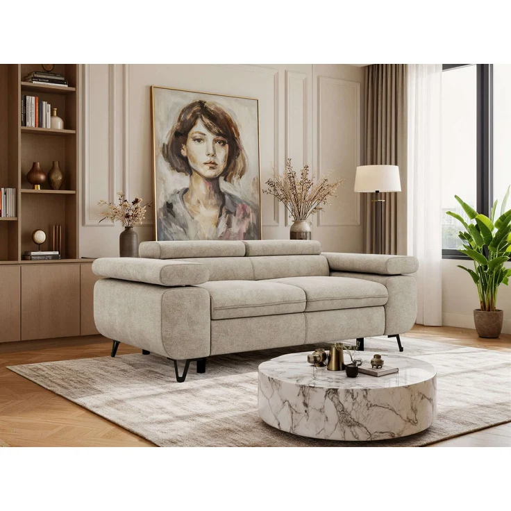 2-Sitzer Polstercouch PETER mit verstellbaren Armlehnen und Kopfstütze, Gepolsterte Couch, Wellenfeder - Beige Struktur – Bild 1