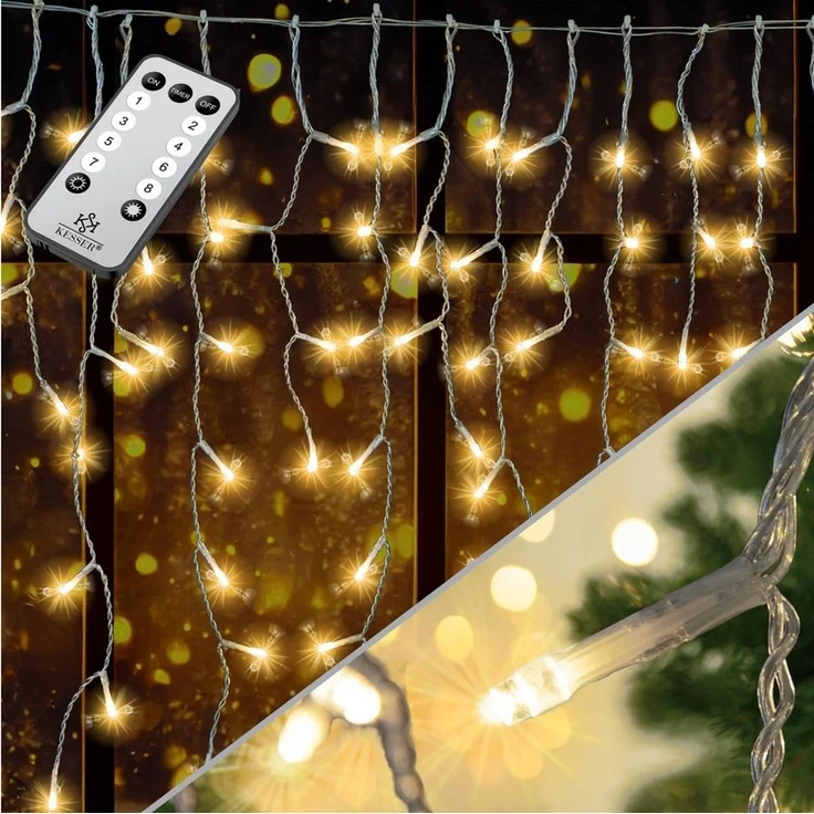 KESSER® LED Lichterkette inkl. Fernbedienung mit 8 Modi & Timer, Lichtervorhang mit mini LED´s Warmweiß, 400 LED's – Bild 1