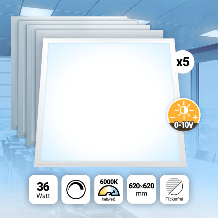 5x LED Panel 62x62 Tageslichtweiß 6000K 36W dimmbar 0-10V Slim Alu PLs3.0