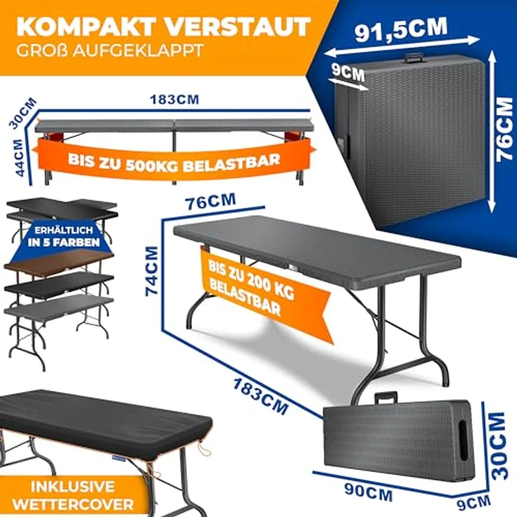 KESSER® Bierzeltgarnitur 3-teilig Set Tisch & 2x Bank | Buffettisch für drinnen & draußen Gartengarnitur klappbar 183x76x74cm Kunststoff Klapptisch Gartentisch inkl. Abdeckung & Tragegriffe Anthrazit, Rattan – Bild 3
