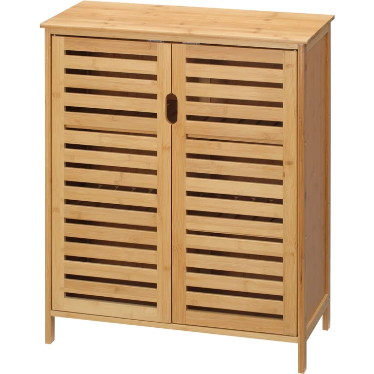 Badezimmerschrank, Bambusschrank mit Lamellendesign für Badezimmer, Flur, kompakte Größe, viel Stauraum, Naturholz--Naturholz--68x32x86cm--YOUDENOVA – Bild 2