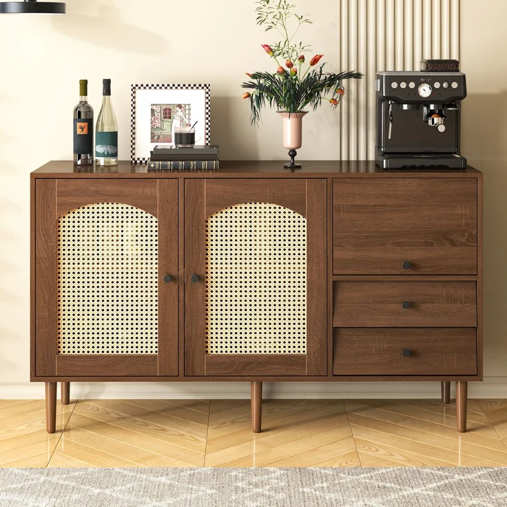 Sideboard 130 cm mit Rattantüren im Landhausstil, Holzfarbe, verstellbare Einlegeböden, großer Stauraum, magnetische Türen – Bild 1