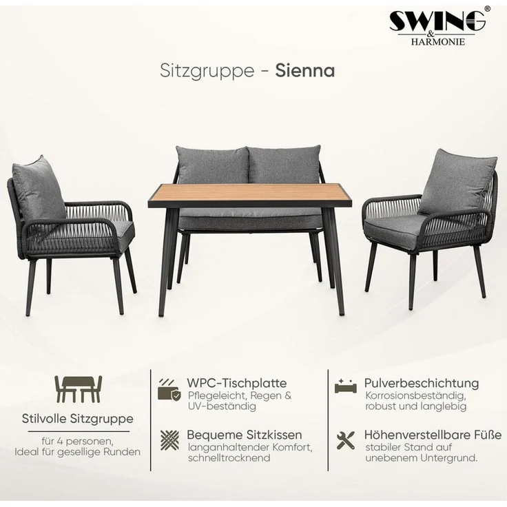 Swing&Harmonie Gartenlounge-Set für 4-6 Personen mit Tisch, Sofa, Stühle, Esstisch, (wetterfest, WPC-Tischplatte, Seilgeflecht Lounge, inkl. Kissen Sienna Garten Sitzgruppe), Outdoor Essgruppe – Bild 2