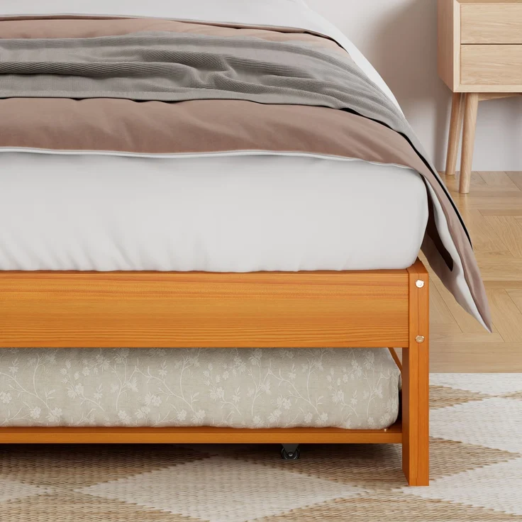ZUBALIYA Bettgestell Holzbett 90x200 cm mit Ausziehbett 90x190 cm, Funktionsbett mit links/rechts montierbarem Gästebett, abgerundetem Kopfteil und platzsparendem Design, Natur – Bild 19