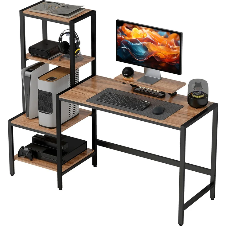 Computertisch mit Monitorständer, Schreibtisch mit 4-stufigem Regal, Industrielles Design, Braun--Braun--125x48x150cm--YOUDENOVA – Bild 2