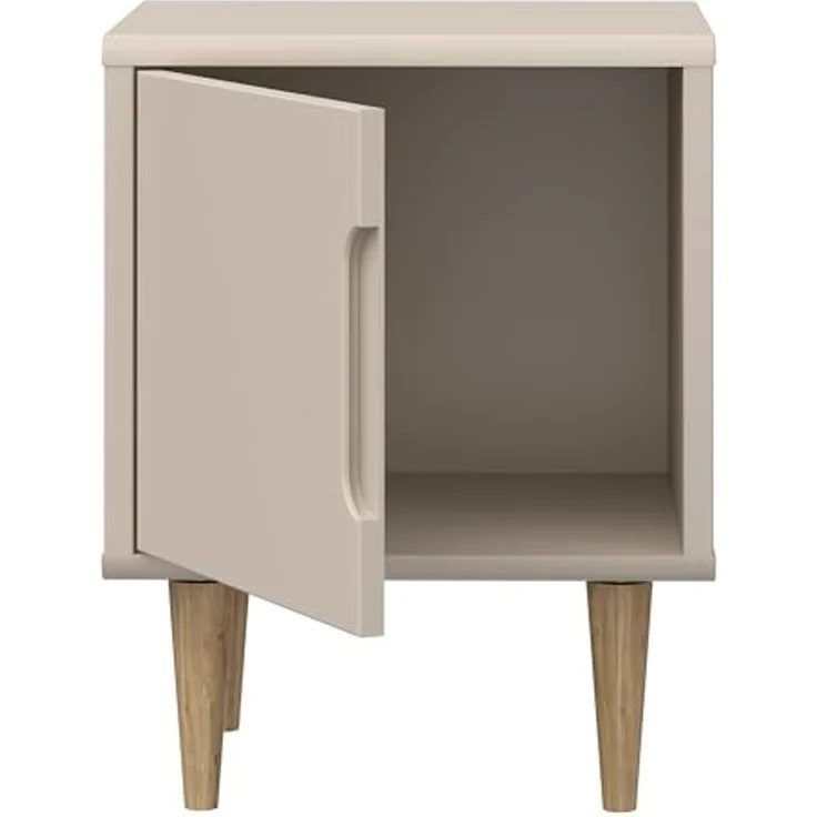 Forte Sherbrooke Nachtschrank 50, moderner Skandi-Stil, leichte Montage Dank EasyKlix by Forte, Tür mit Griffmulde, hohe Füße, Holzwerkstoff, Kaschmir Beige, 44,8 cm breit x 57,8 cm hoch x 43 cm tief – Bild 5