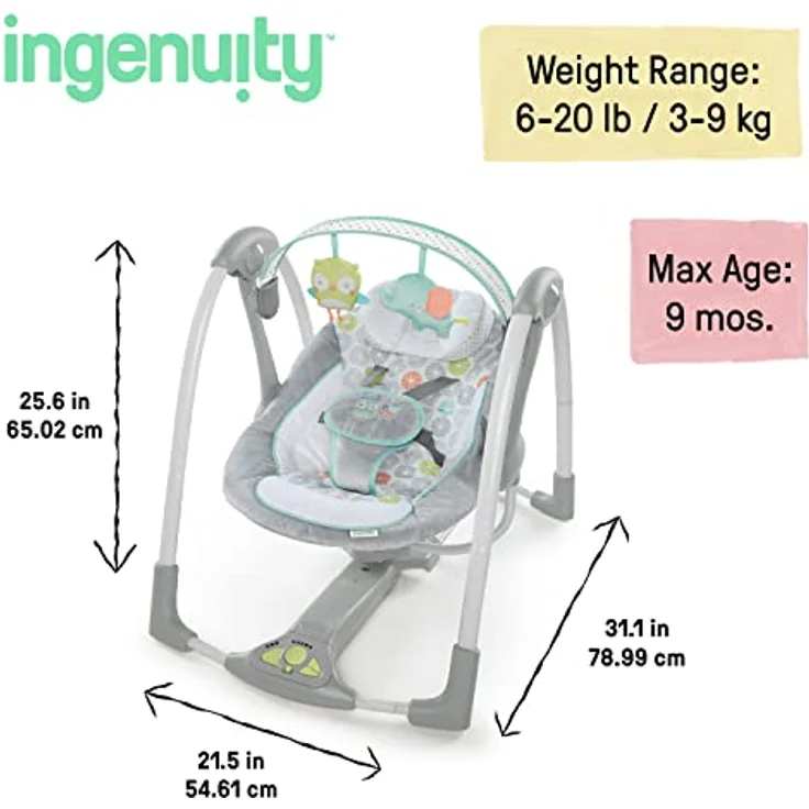 Ingenuity Hugs & Hoots zusammenklappbare & tragbare Babyschaukel, 5 Schaukelgeschwindigkeiten, 8 Melodien, 3 Naturgeräusche, Lautstärkeregulierung und abnehmbarem Spielzeugbügel, ab der Geburt bis 9kg – Bild 6