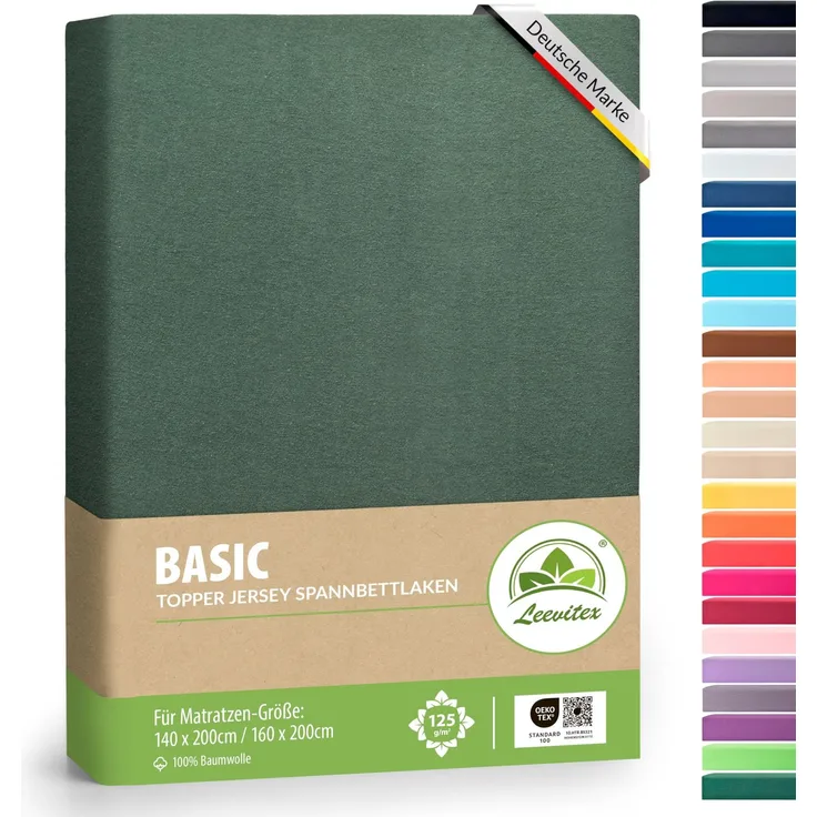 leevitex Topper Spannbettlaken, 140x200 cm - 160x200 cm, 18 cm Steghöhe, 100% Jersey Baumwolle, Topper Spannbetttuch, Oeko-TEX Standard 100, Dunkelgrün/Tannengrün