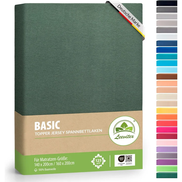 leevitex Topper Spannbettlaken, 140x200 cm - 160x200 cm, 18 cm Steghöhe, 100% Jersey Baumwolle, Topper Spannbetttuch, Oeko-TEX Standard 100, Dunkelgrün/Tannengrün