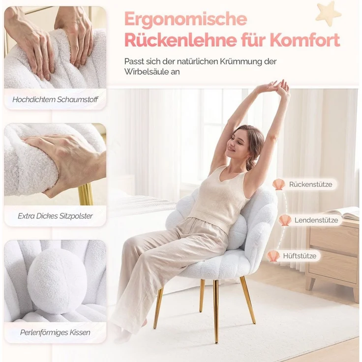 VINGLI Polsterstuhl Schminktisch Stuhl aus Teddystoff, Muschel Schminkstuhl, Verstellbare goldene Beine, Perlen Zierkissen – Bild 4