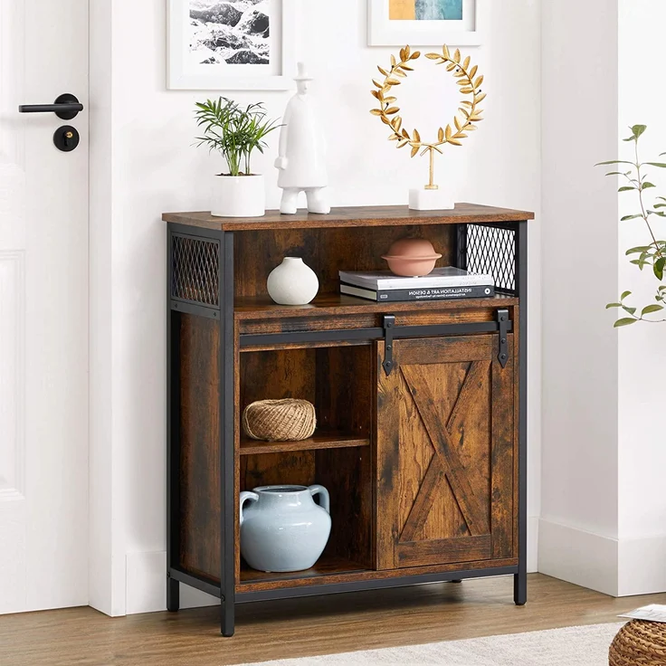 VASAGLE Sideboard, Küchenschrank mit Schiebetür, offenes Fach, verstellbare Ablage, industriell, für Flur, Wohnzimmer, Küche, Arbeitszimmer, vintagebraun-schwarz LSC089B01 – Bild 8