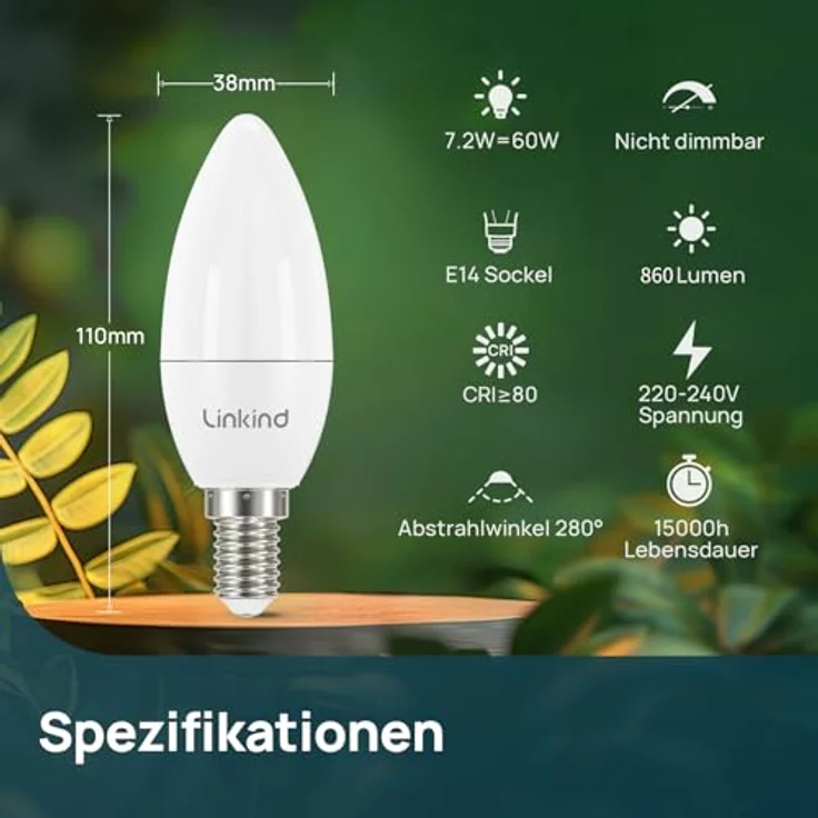 Linkind E14 LED Kerzenform Lampe, ersetzt 60 Watt, 7W LED Kerze Lampe 860Lm 5000K Tageslicht, Nicht Dimmbar C35/B35 Kerzenlicht, Energie sparen, 6 Stück kühles Weiß – Bild 3