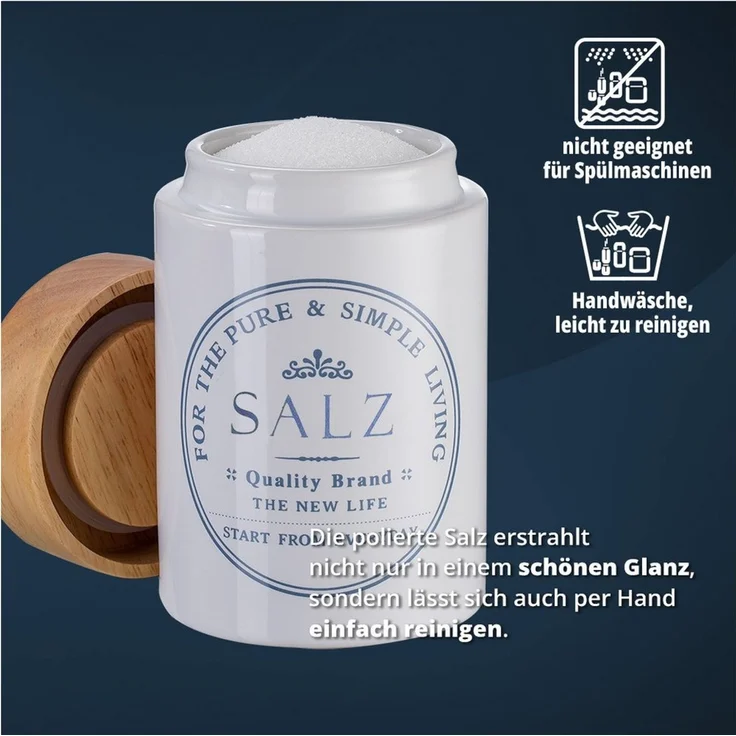 KHG Vorratsdose für Salz aus Steinzeug mit Akazienholz‑Deckel – im Landhausstil, Steingut, Aufbewahrungsdose für Salz – schützt Aroma da luftdicht verschließbar – Bild 3