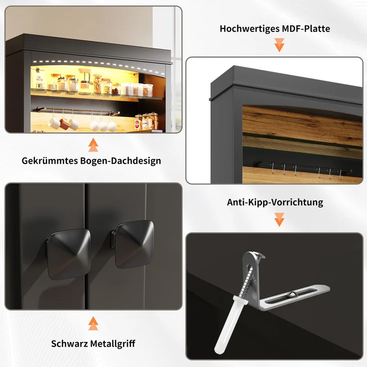 Küchenschrank, hoher Küchenschrank (107x43x184 cm), Vitrine, Anrichte, Anrichte mit LED-Beleuchtung, offenes Regal, schwarz--Schwarz--107x43x184cm--YOUDENOVA – Bild 6