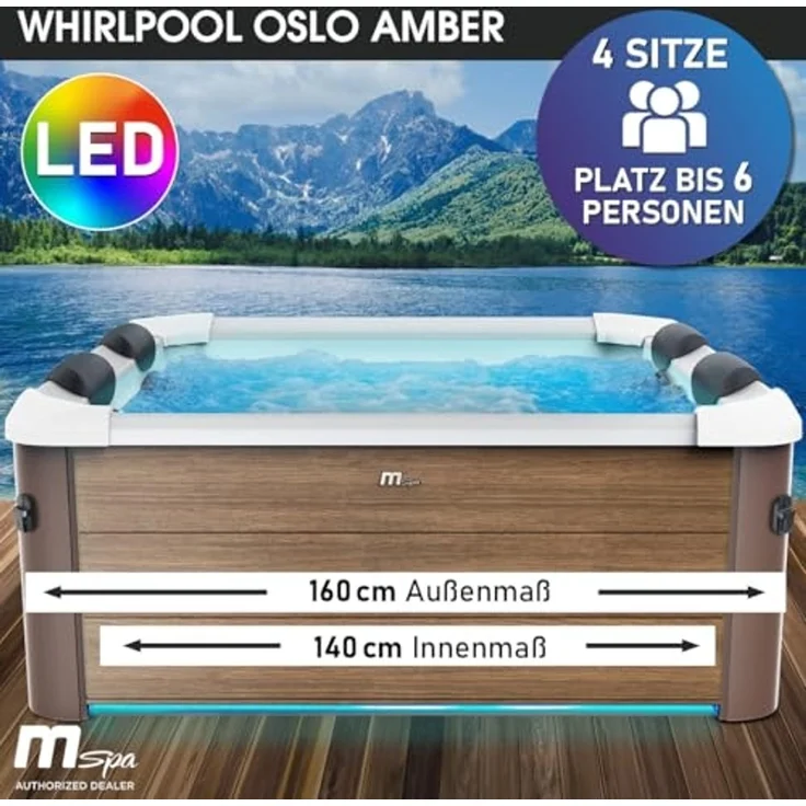BRAST 'MSpa Oslo' Whirlpool mit LED-Beleuchtung, für 6 Personen, Sapphire & Amber mit Fester Außenwand, 160x160x65 cm – Bild 2