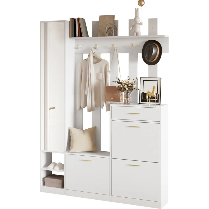 CHICFURN Schrank 133x180x23,5 cm als Garderoben-Set mit 3 Schuhkippern und Spiegel Weiß – Bild 7