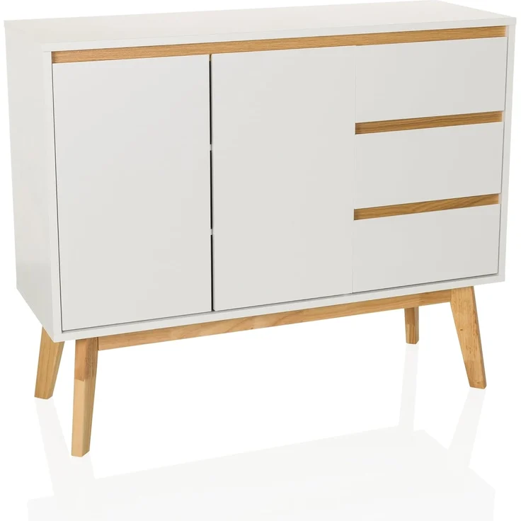 hjh LIVING Kommode mit 3 Schubladen, 2 Türen TAROLO I Sideboard im skandinavischen Stil, Soft-Close, griffloses Design, Schrank mit Holzbeinen, Weiß
