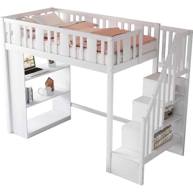 Kinderhochbett 90x200 cm aus Kiefernholz mit Sicherheitsleiter, Stauraum, 3 Fächern, Weiß, Multifunktionsbett – Bild 6