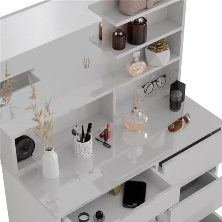 Vicco Schminktisch Sherry, Weiß Hochglanz, mit Spiegelregal, 4 Schubladen, 9 Fächer, 90x75x40 cm – Bild 6