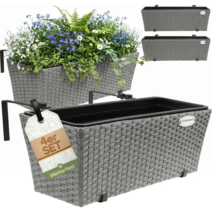4er Set Balkonkasten Polyrattan grau
