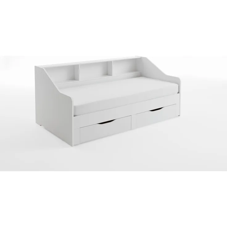 Funktionsbett Rene 90x200 auf 180x200 cm Liegefläche ausziehbar, inkl. 2 Schubladen und Regal, Weiß