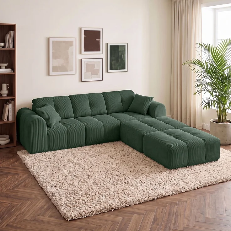 skølm 'Vanaheim' Sofa 3 Sitzer mit 2 Hocker & 2 Kissen, Cloud Sofa dunkelgrün, Cord, Vollschaumcouch mit Federkern und Vakuum-Kompression, kein Aufbau erforderlich – Bild 5
