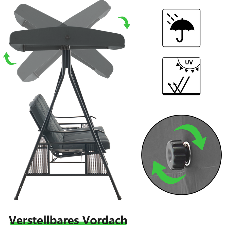 MCombo 3-Sitzer Hollywoodschaukel, Gartenliege wetterfest, Gartenschaukel outdoor, Schaukelbank mit Sonnendach, Dunkgelgrau, 4092 – Bild 2