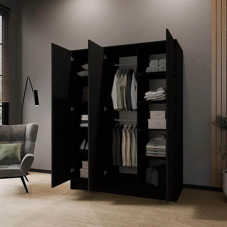 MEBLINI Kleiderschrank GALINDA 150cm - Schwarz Matt - griffloser Drehtürenschrank ohne Spiegel - Push-to-Open - mit Kleiderstangen und Regalböden – Bild 3